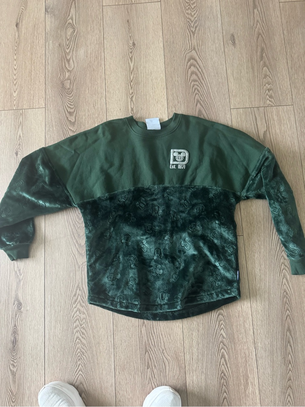 Women’s Disney SPIRIT JERSEY CREWNECK SWEATSHIRT Green Plush-Trim Sweatshirt
